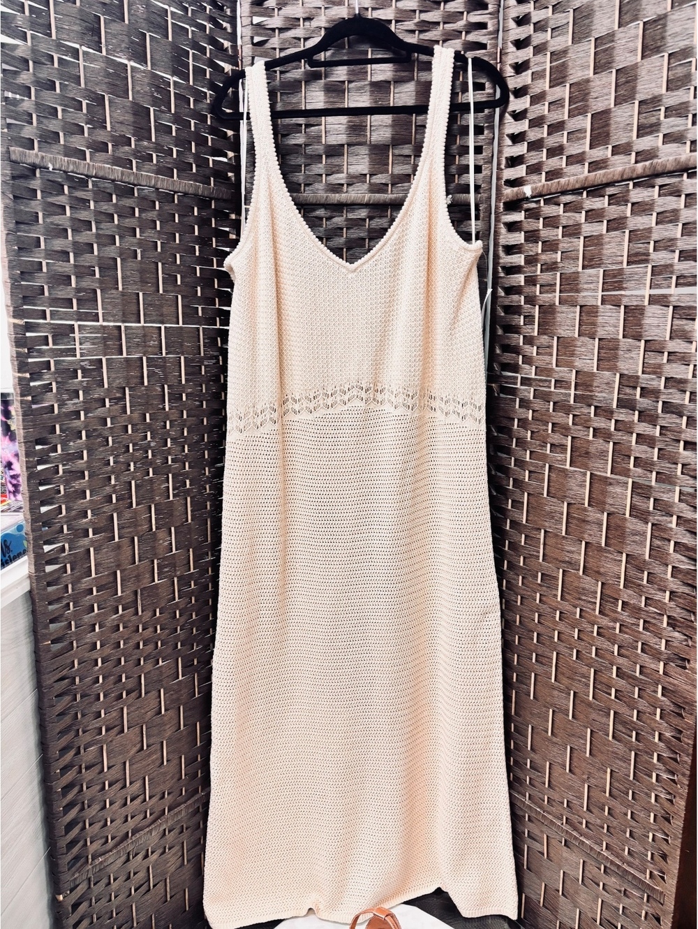 Sleeveless Crochet Tank Midi Dress Ivory Pointelle Knit Boho V-Neck - Size 2X